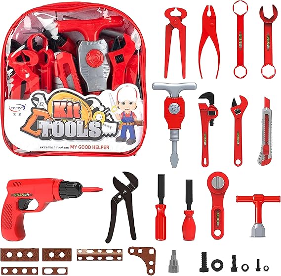 Bambibo Kids Tool Box - 27 Pieces, Red Kids Tools Set Toys | Tool Box Set For Boys | Kids Mechanic Tool Set | Toy Tool Set With Drill | Kids Tool Bag Set | Kids Tool Set For Kids Ages 3-5 (Red)