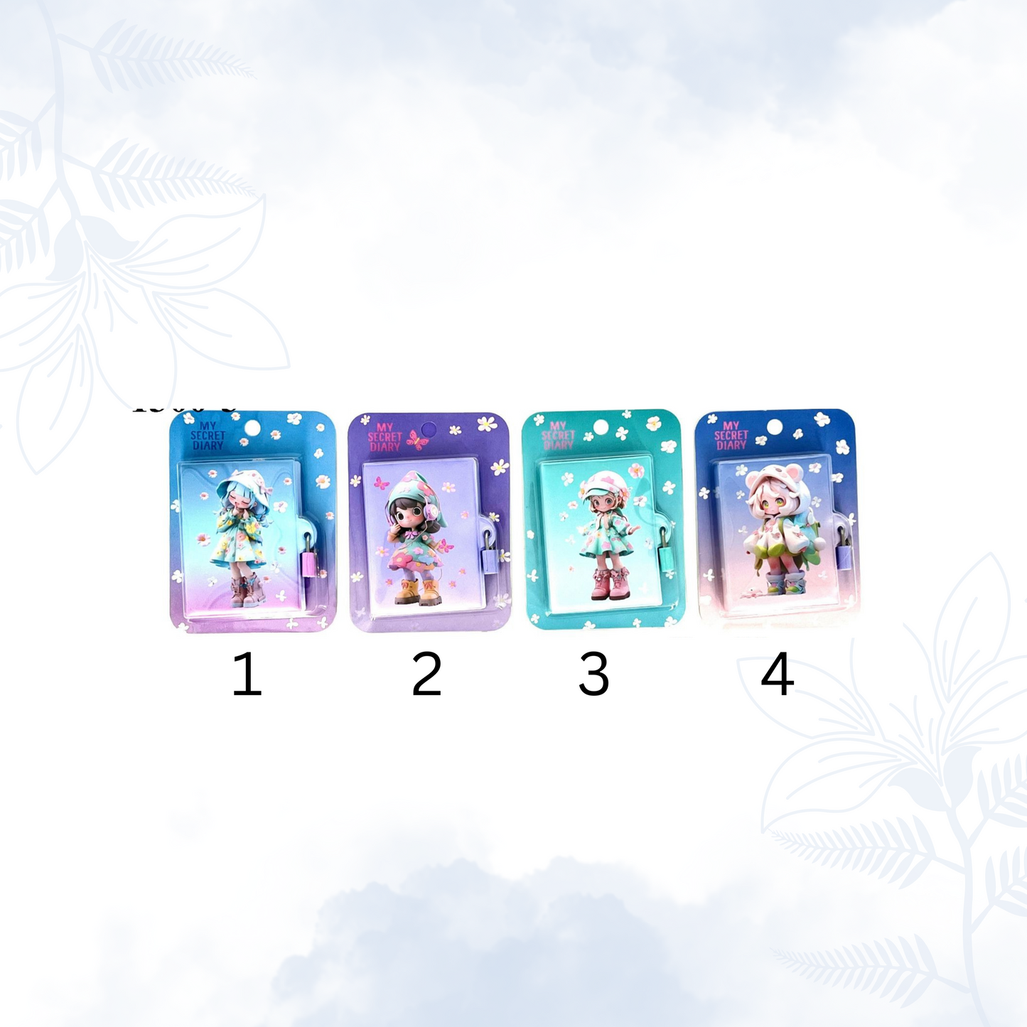 Four colorful trading notebook with character illustrations on a light blue background