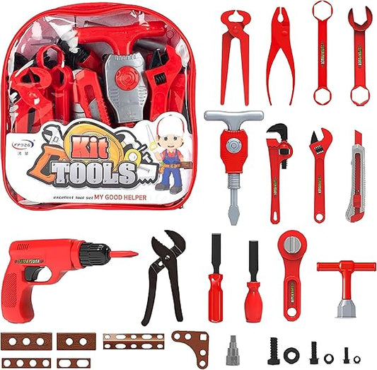Bambibo Kids Tool Box - 27 Pieces, Red Kids Tools Set Toys | Tool Box Set For Boys | Kids Mechanic Tool Set | Toy Tool Set With Drill | Kids Tool Bag Set | Kids Tool Set For Kids Ages 3-5 (Red)