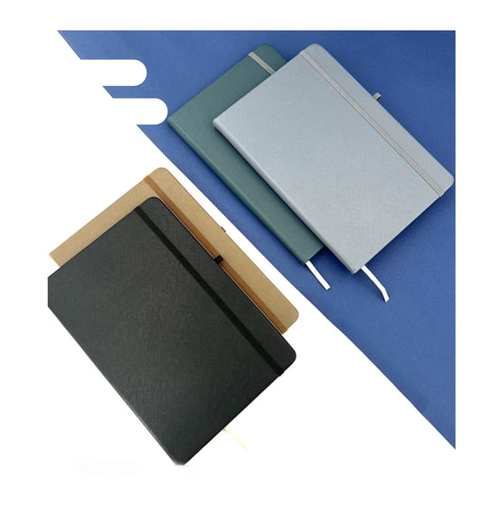 Four notebooks in different colors on a blue background with text indicating product details.